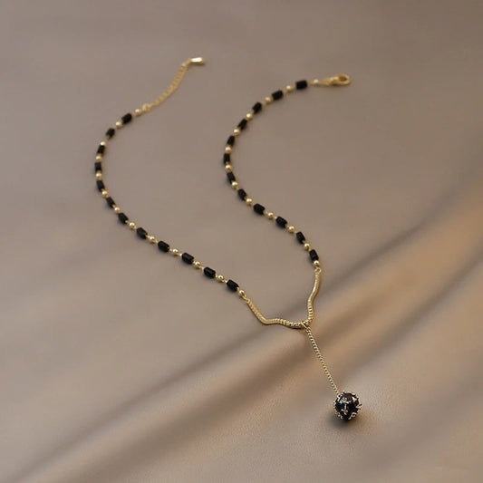 Vintage Gold Black Bead Drop Necklace-Ariette Jewelry