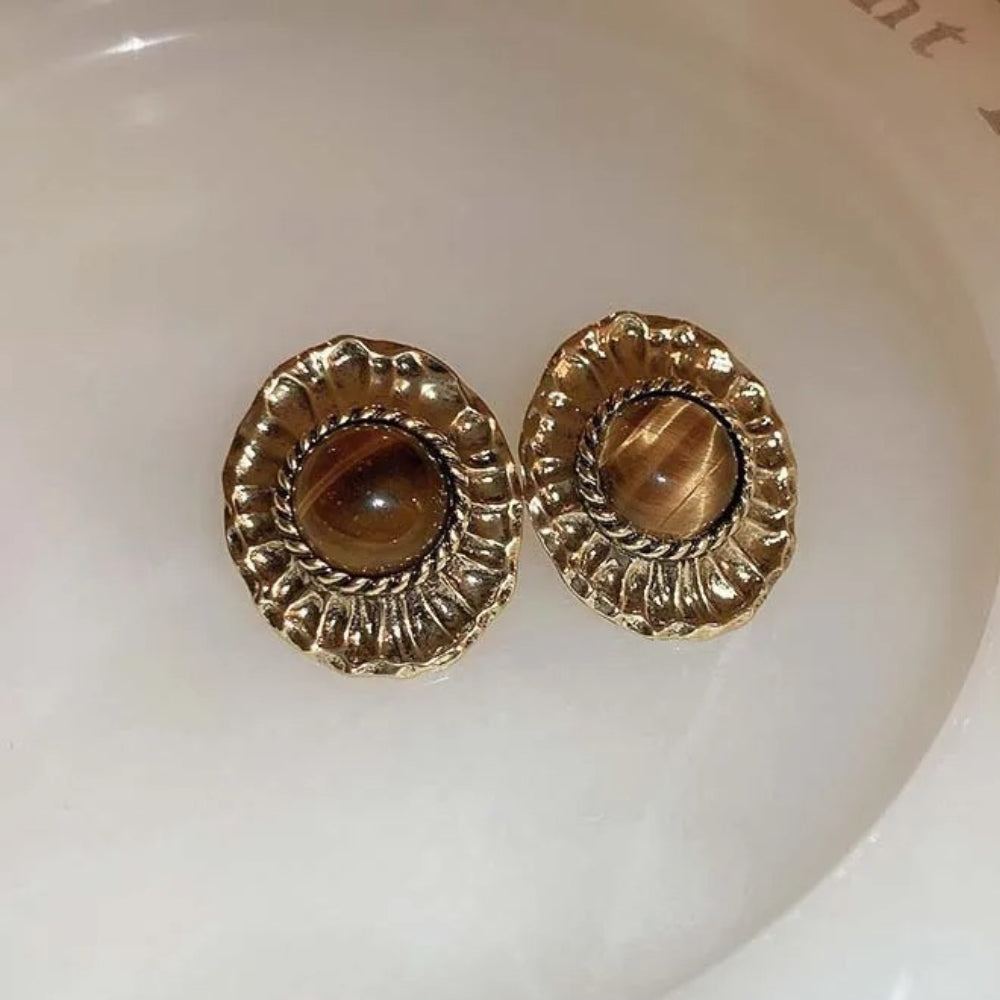 Vintage Gold Brown Oval Stud Earrings-Ariette Jewelry