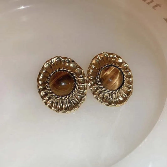 Vintage Gold Brown Oval Stud Earrings-Ariette Jewelry