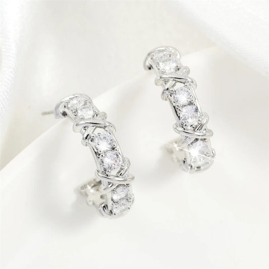 Vintage Silver Crystal Hoop Earrings-Ariette Jewelry