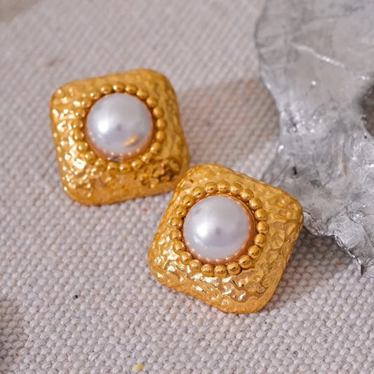 Vintage Square-Shaped Gold Stud Earrings-Ariette Jewelry