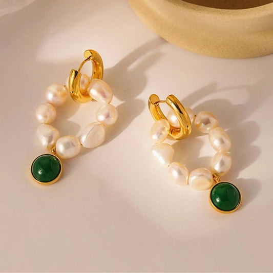 Gold Freshwater Pearl & Green Stone Hoop Earrings-Ariette Jewelry