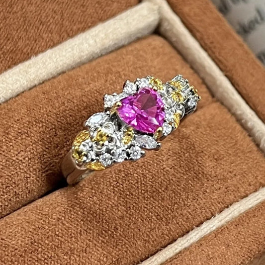 Vintage Floral Pink Heart-Shaped Gemstone Adjustable Ring-Ariette Jewelry