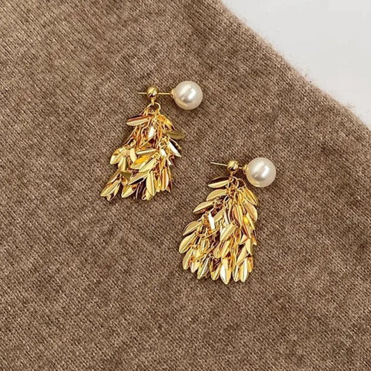 Gold Leaf Dangle Pearl Earrings-Ariette Jewelry
