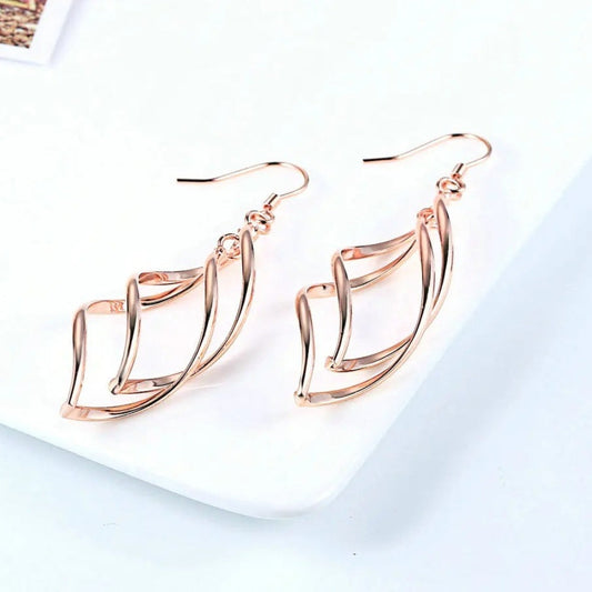 Rose Gold Intricate Wavy Layer Pattern Drop Earrings-Ariette Jewelry