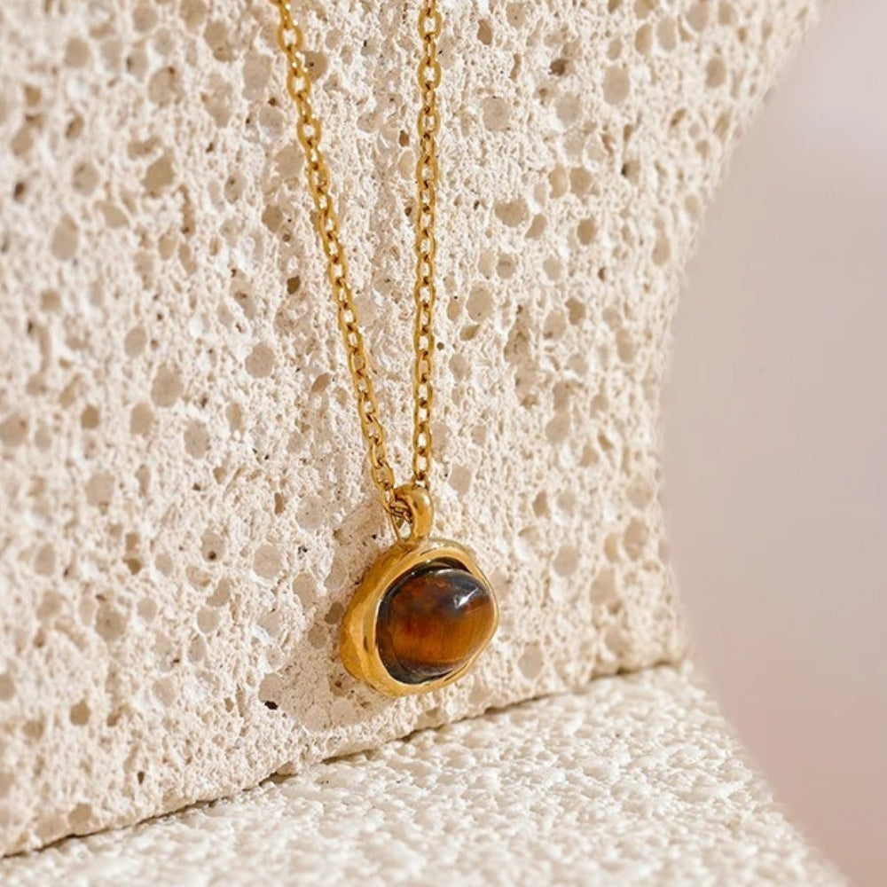 Gold Round Brown Gem Pendant Necklace-Ariette Jewelry