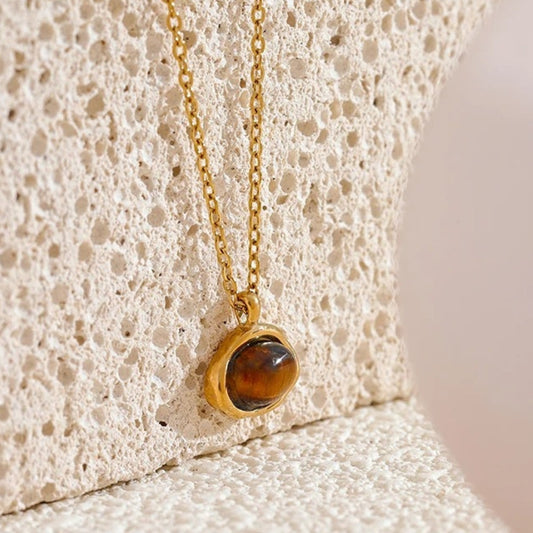 Gold Round Brown Gem Pendant Necklace-Ariette Jewelry
