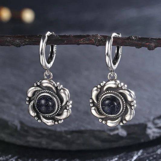 Vintage Silver Blue Sandstone Earrings-Ariette Jewelry
