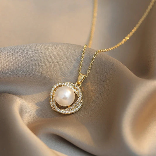 Gold Twisted Circle Pearl Pendant Necklace-Ariette Jewelry