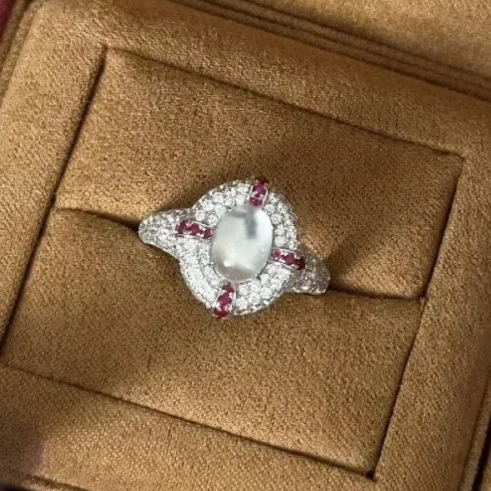 Retro Silver & Ruby Oval Cluster Ring-Ariette Jewelry