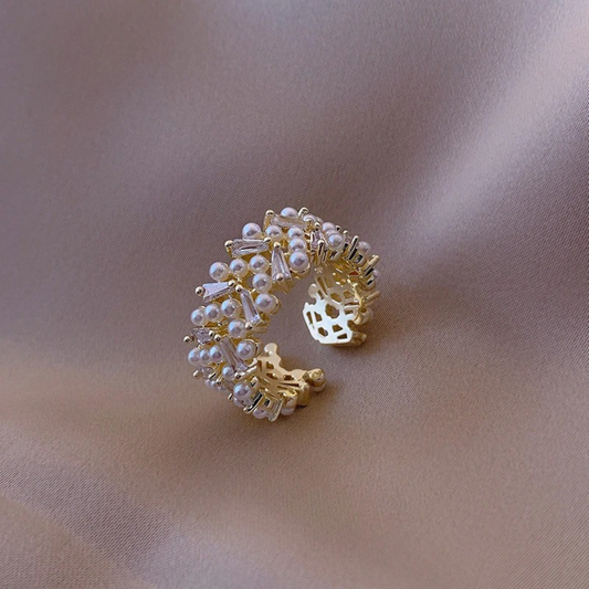 Vintage Pearl & Crystal Gold Adjustable Ring-Ariette Jewelry