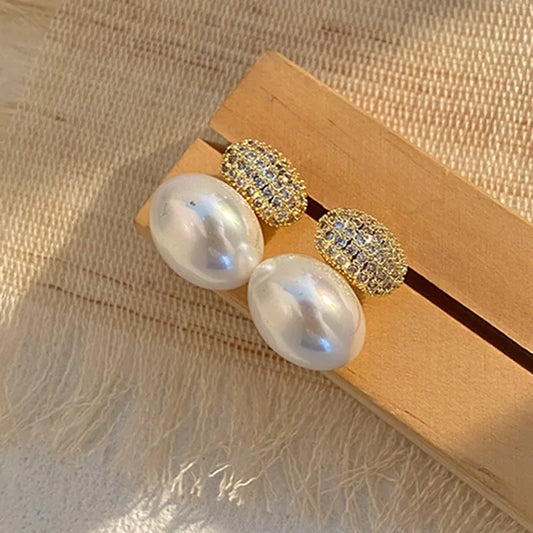 Gold Oval Pearl Drop Stud Earrings-Ariette Jewelry