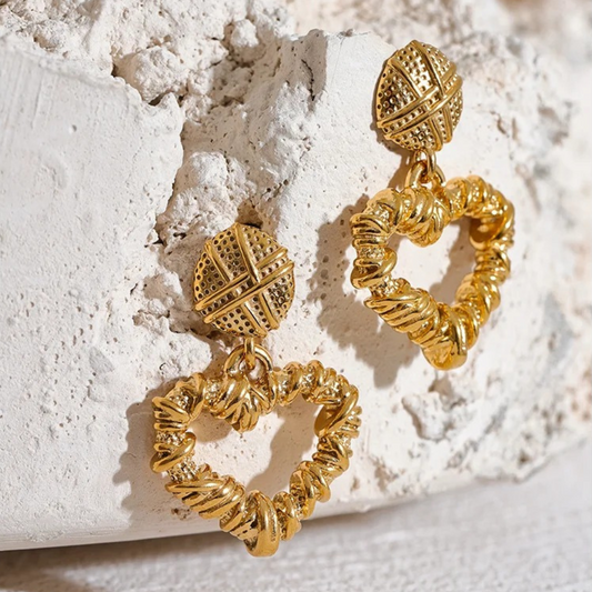 Vintage Gold Textured Heart Earrings-Ariette Jewelry