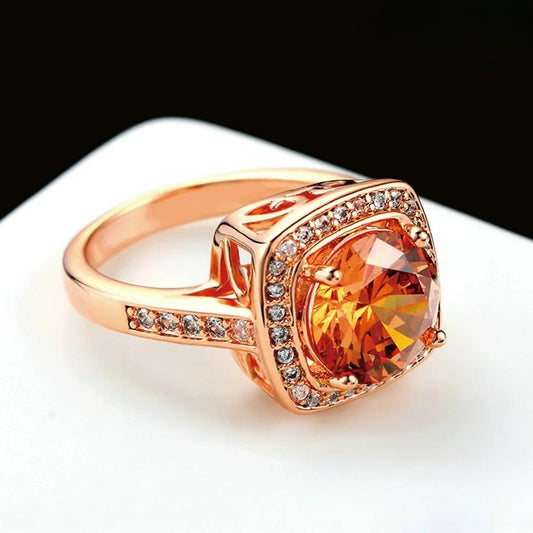 Rose Gold Crystal Center Stone & Sparkling Halo Ring-Ariette Jewelry