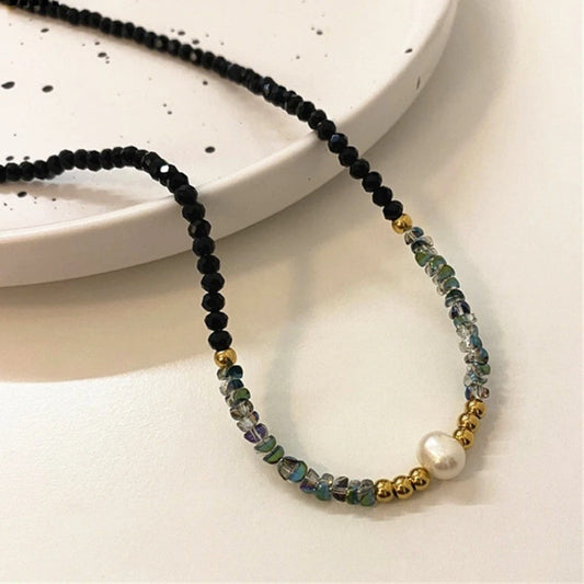 Gold & Pearl Black Bead Necklace-Ariette Jewelry
