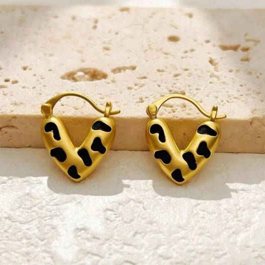Gold & Black Spot Heart Shaped Earrings-Ariette Jewelry