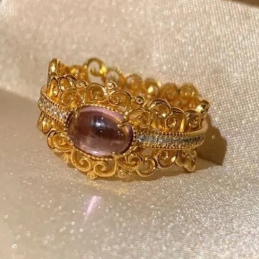 Classic Gold & Purple Oval Gemstone Filigree Crystal Adjustable Ring-Ariette Jewelry
