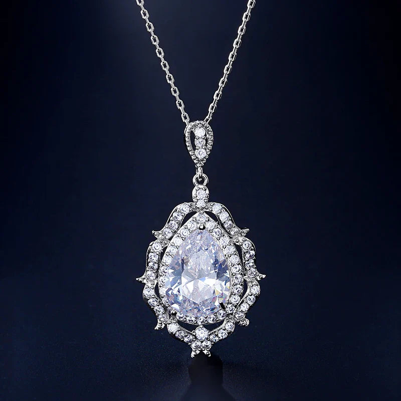 Vintage Silver Teardrop Crystal Necklace-Ariette Jewelry