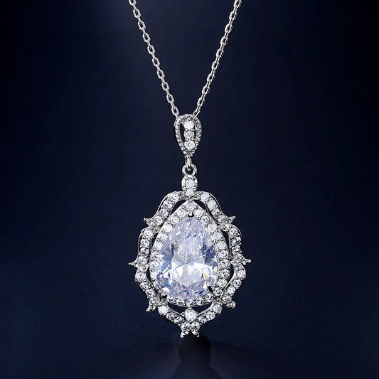 Vintage Silver Teardrop Crystal Necklace-Ariette Jewelry