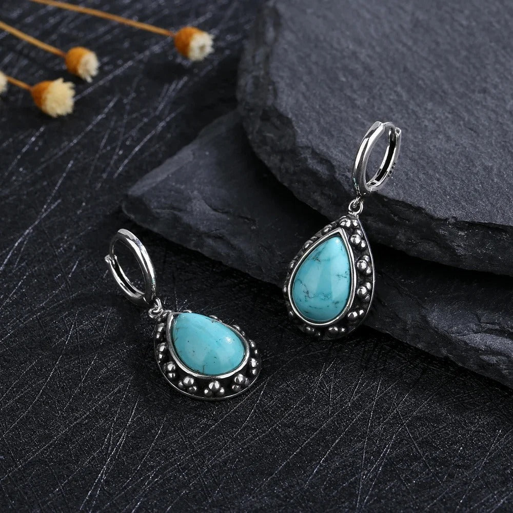 Vintage Silver Turquoise Teardrop Earrings-Ariette Jewelry