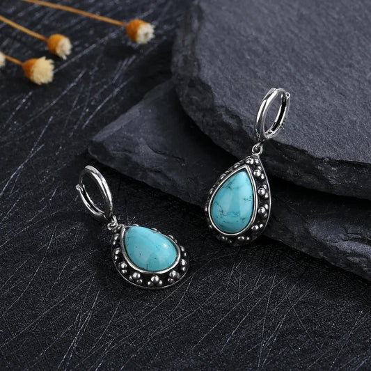 Vintage Silver Turquoise Teardrop Earrings-Ariette Jewelry