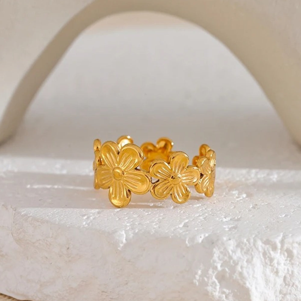 Vintage Gold Flower Adjustable Open Ring-Ariette Jewelry