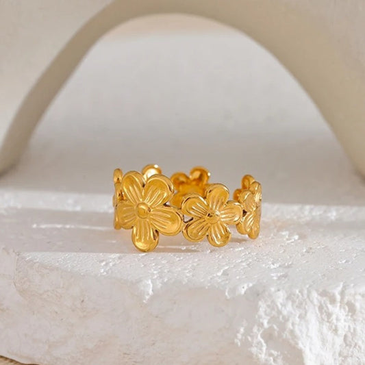 Vintage Gold Flower Adjustable Open Ring-Ariette Jewelry