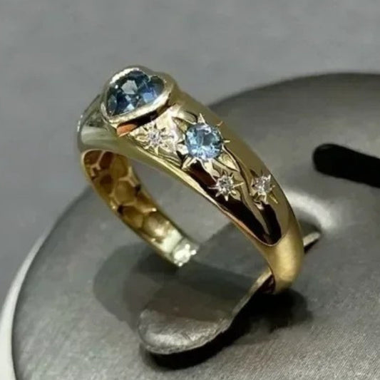 Vintage Gold Sea Blue Gemstone Heart-Shaped Star Adjustable Ring-Ariette Jewelry