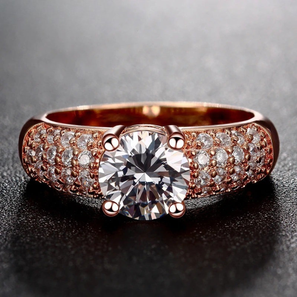 Rose Gold Round Cut Stone Pave Ring-Ariette Jewelry