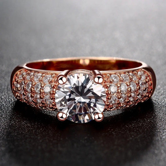 Rose Gold Round Cut Stone Pave Ring-Ariette Jewelry