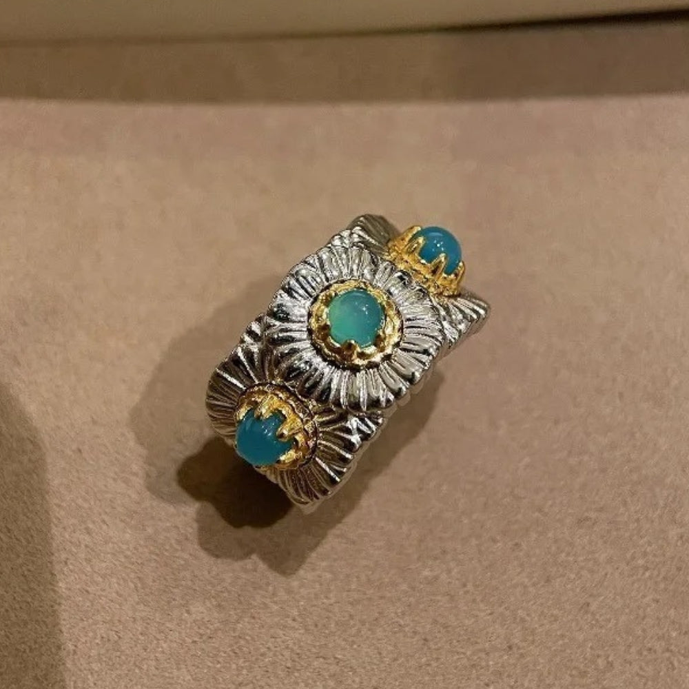 Classic Silver & Gold Floral Design Turquoise Adjustable Ring-Ariette Jewelry