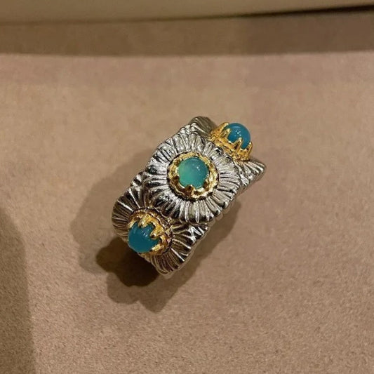 Classic Silver & Gold Floral Design Turquoise Adjustable Ring-Ariette Jewelry