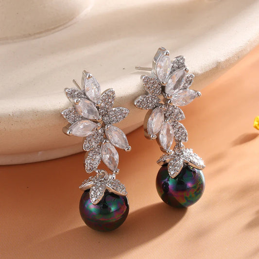 Silver Vintage Crystal & Dark Pearl Earrings-Ariette Jewelry