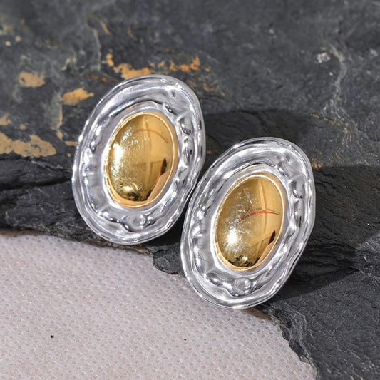 Vintage Silver & Gold Oval Earrings-Ariette Jewelry