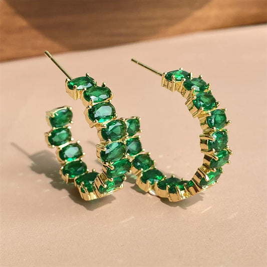 Gold Green Gemstone Hoop Earrings-Ariette Jewelry