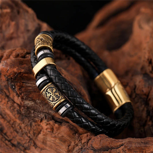 Black Woven Leather & Gold Charm Bracelet-Ariette Jewelry