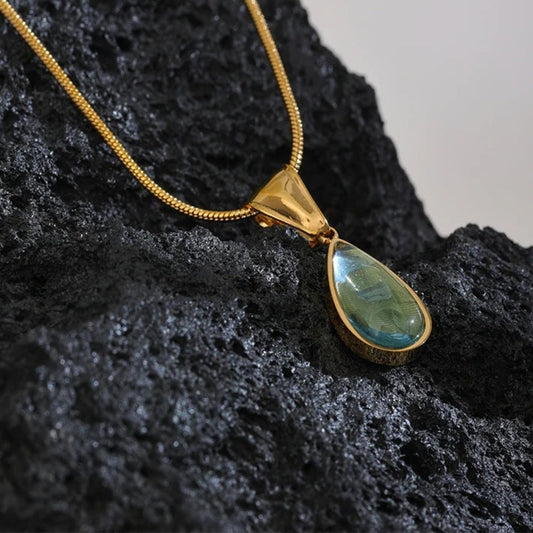 Vintage Green Glass Crystal Water Drop Pendant Necklace-Ariette Jewelry