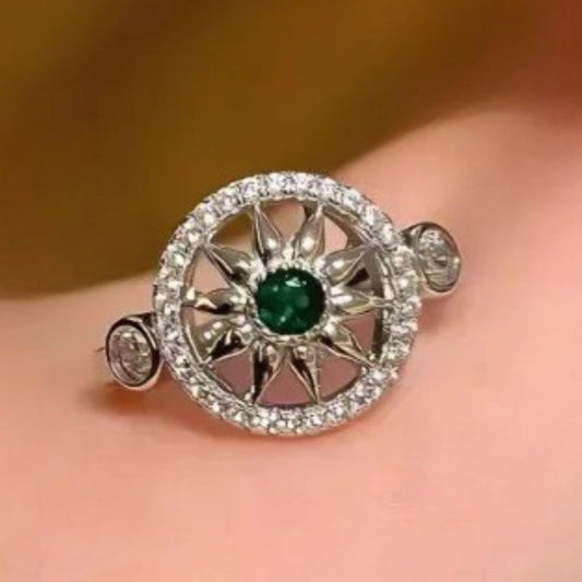 Classic Silver & Green Gemstone Sunflower Adjustable Ring-Ariette Jewelry