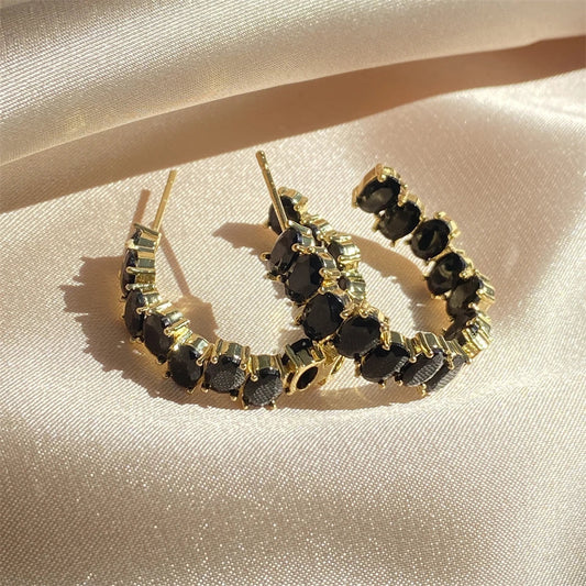 Vintage Gold Black Crystal Hoop Earrings-Ariette Jewelry