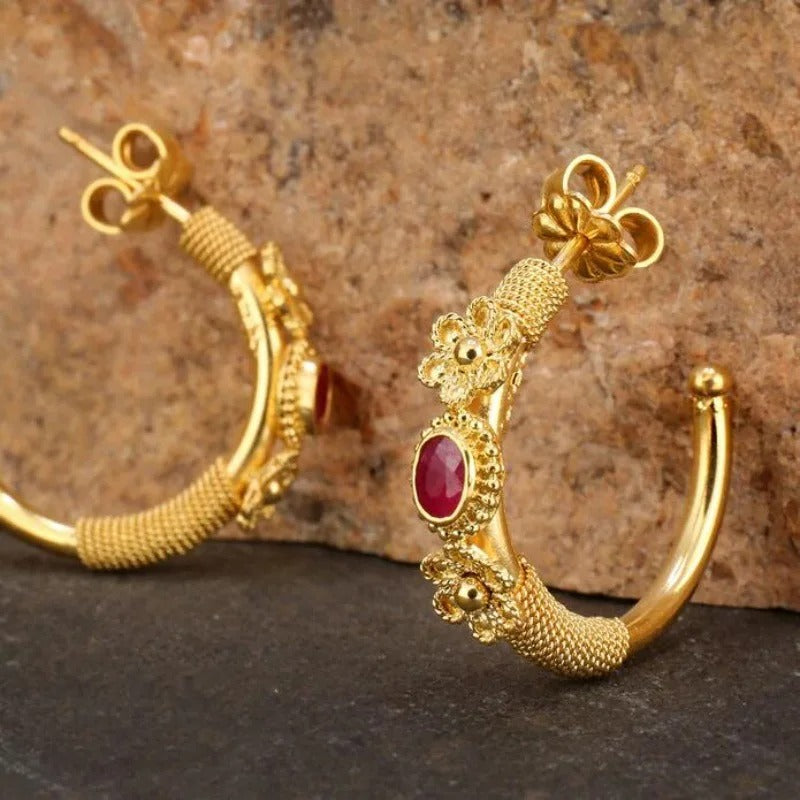 Gold Floral Hoop Red Stone Earrings-Ariette Jewelry