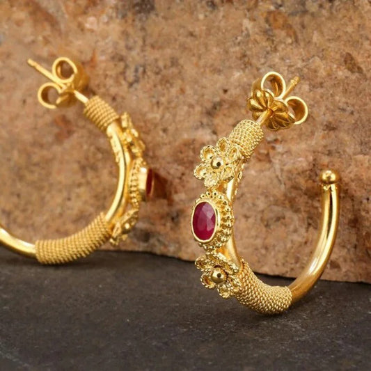 Gold Floral Hoop Red Stone Earrings-Ariette Jewelry