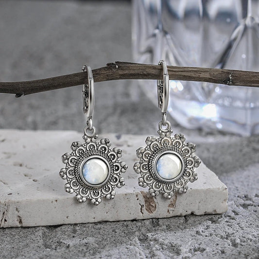 Silver Floral Moonstone Drop Earrings-Ariette Jewelry