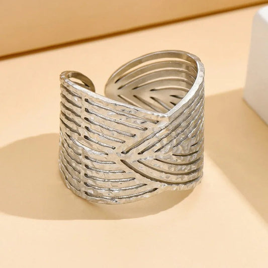 Wide Band Carved Silver Adjustable Ring-Ariette Jewelry