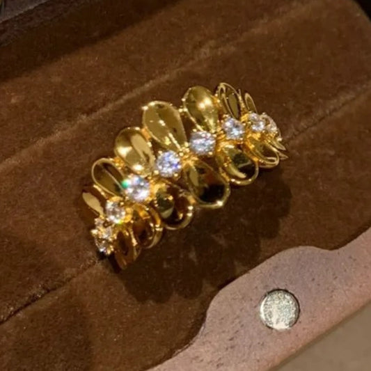 Vintage Gold & Diamond Floral Studded Shiny Leaf Adjustable Ring-Ariette Jewelry