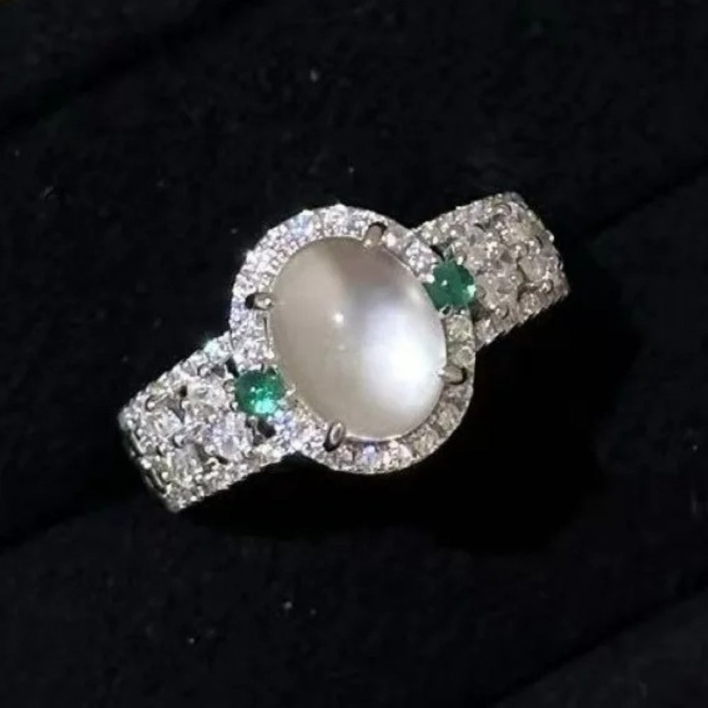 Retro Silver White & Green Gemstone Moonstone Adjustable Ring-Ariette Jewelry