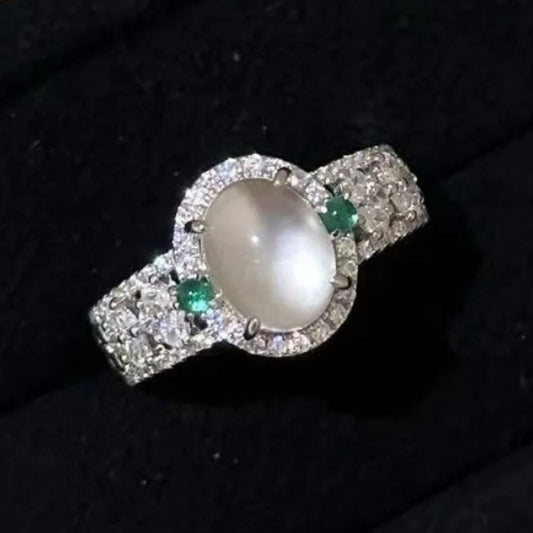 Retro Silver White & Green Gemstone Moonstone Adjustable Ring-Ariette Jewelry