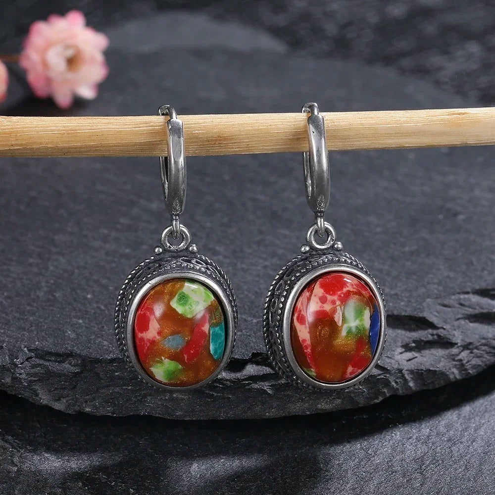 Silver Multicolor Oval Earrings-Ariette Jewelry