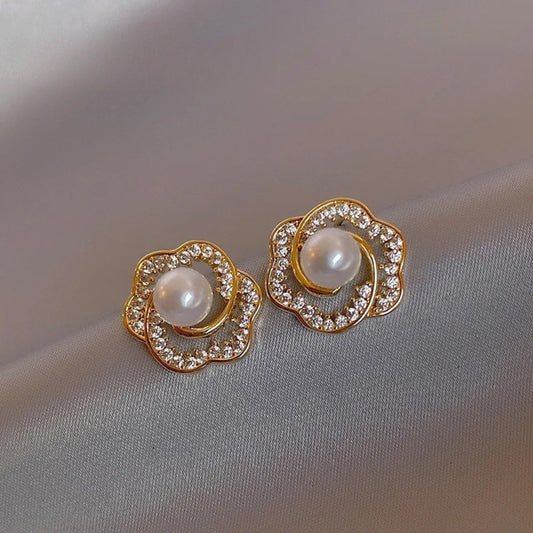 Vintage Gold Flower & Pearl Stud Earrings-Ariette Jewelry