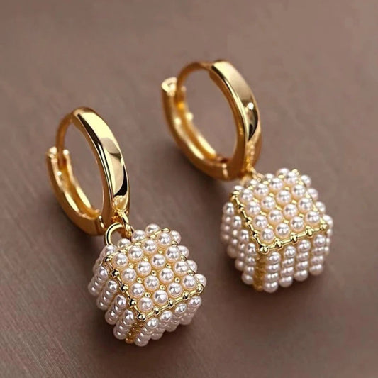 Vintage Gold & Pearl Cube Earrings-Ariette Jewelry