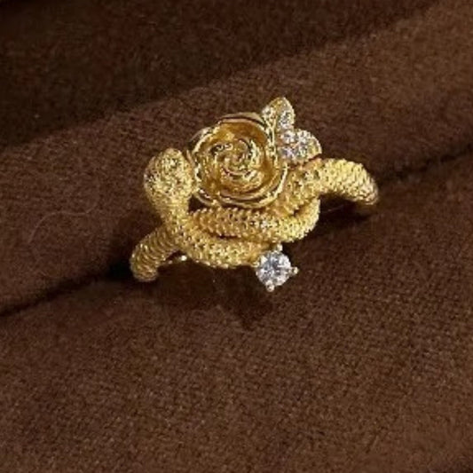 Classic Gold Snake Entwined Rose Flower Adjustable Ring-Ariette Jewelry